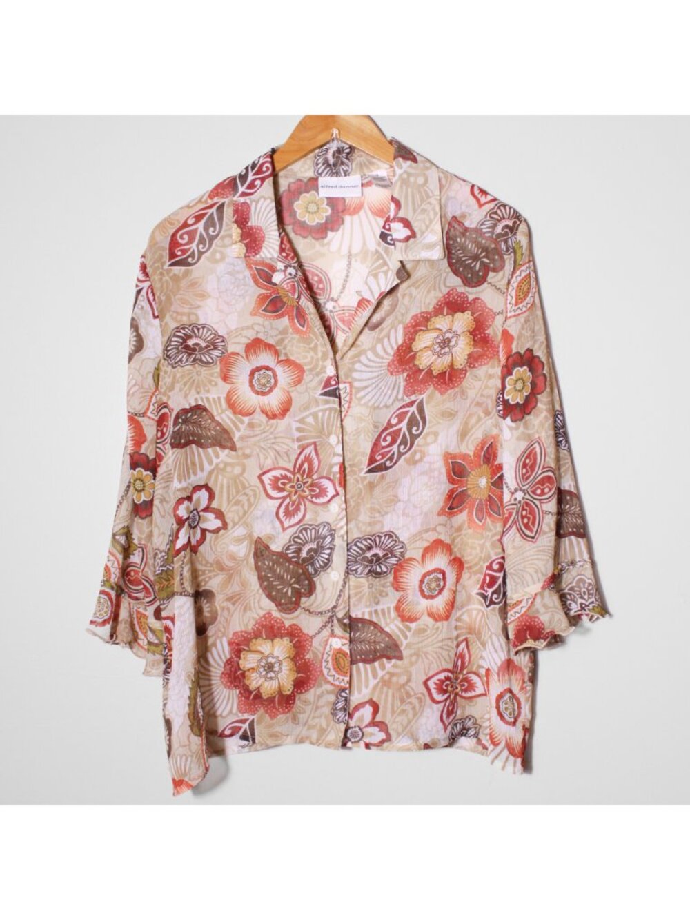 Alfred Dunner Botanical Floral Sheer Button Down Top Artsy Ruffle Sleeve Size 14